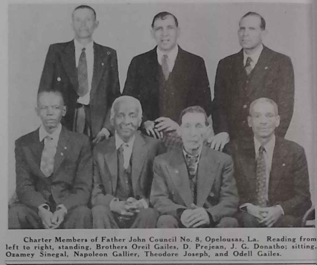Standing left to right: Oreil Gailes, D. Prejean, J.G. Donatho. Seated left to right: Ozamey Sinegal, Napoleon Gallier, Theodore Joseph, Odell Gailes.