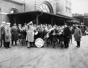 Paul Whiteman leading the Boys Town Band, 1927. Dan Desdunes at left, Father Flanagan at right. 