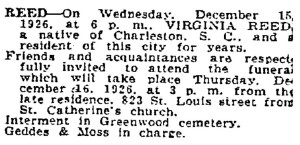 Obituary of Virginia Reed (The Times-Picayune, 16 December 1926